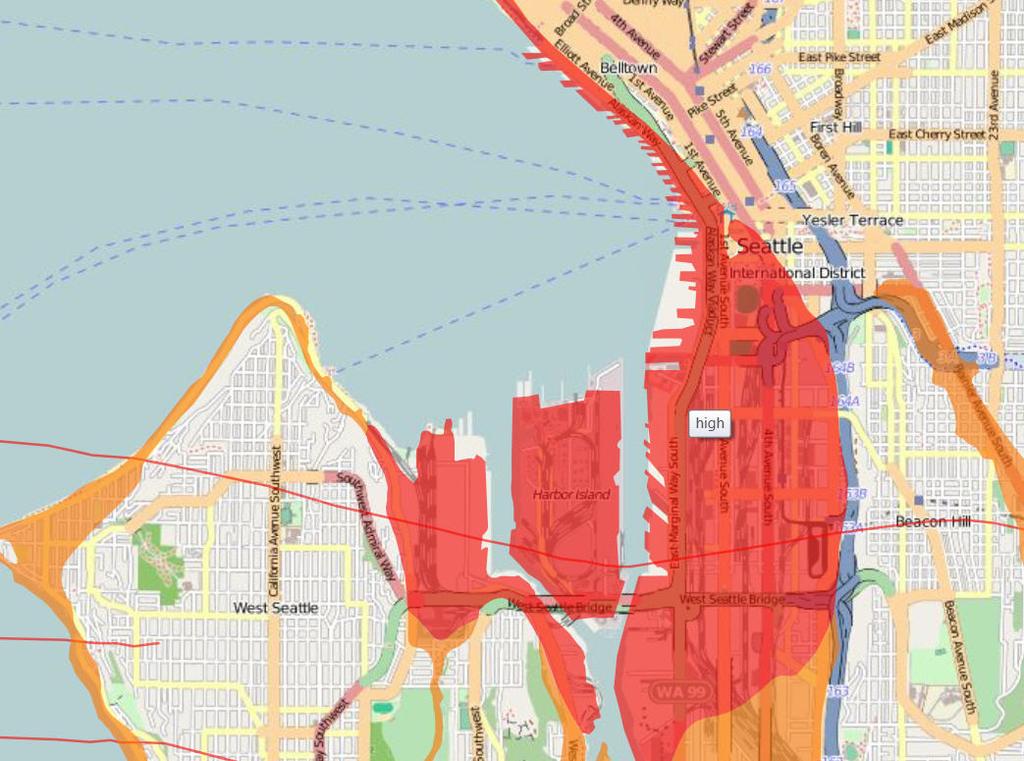 19. The map above shows areas of liquefaction hazard (if you have the color image, it's the area in red).