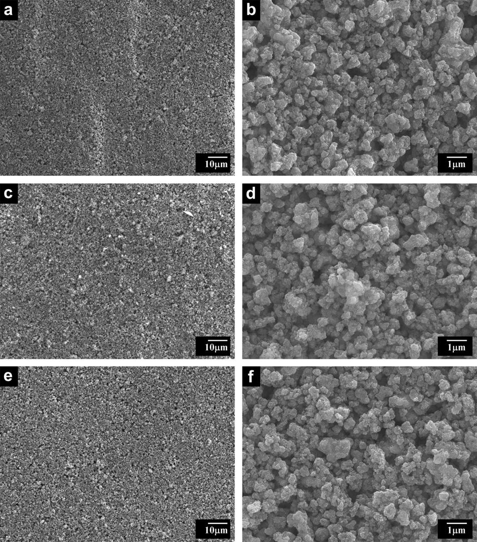 Figure 5-16 SEM images at different magnifications for deposits prepared from TiO 2 suspensions in ethanol containing 1 gl 1 (a and b) AR, (c and d) AY and (e and f) PV