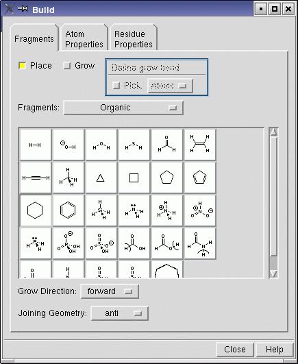 Chapter 3: Building Molecules Using Maestro Phenyl fragment Acid fragments Figure 3.2. The Build panel. 3.2 Clearing the Workspace and Building with Fragments Now that you ve opened the Build panel, you can begin building the structure using Maestro s fragment libraries.
