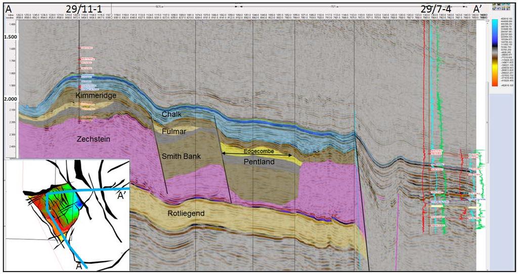 Figure 9 Combined dip and strike seismic line from 29/11-1 high through Edgecombe Prospect interpod into West Central Graben illustrating lateral / updip seal risk There are no oil shows in nearby