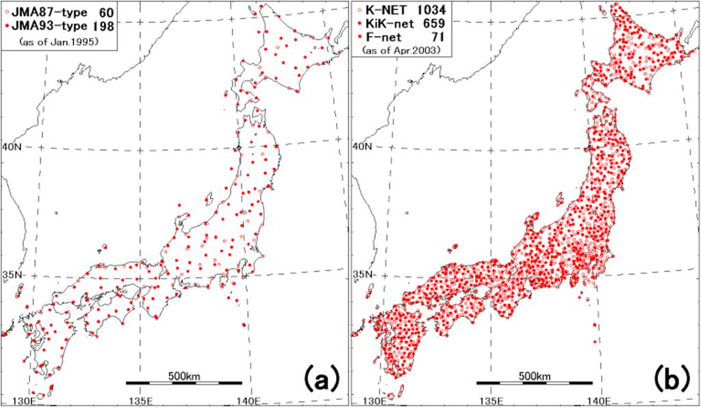 xvii Fig. 3. Distribution of strong motion seismic stations in Japan (a) at the time of 1995 Kobe earthquake and (b) newly added K-NET, KiK-net and F-net stations as of April 23. Fig. 4.