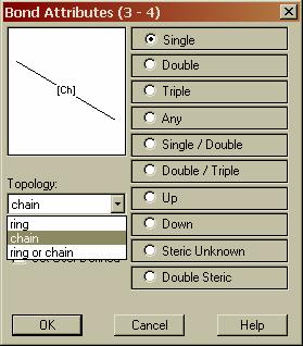 To change the topology of a particular bond, open the Bond Attributes menu by clicking on it with the pencil. Click on the pull-down menu beneath the word Topology.