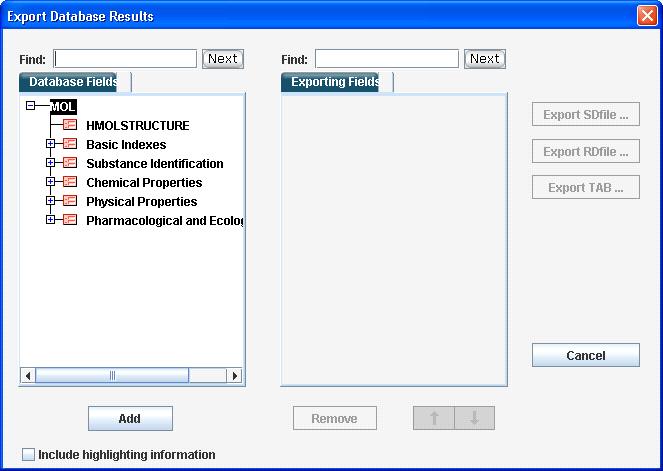 Exporting search results 5-11 Selecting fields to export Double-click from Database Fields to add to Exporting Fields. The database fields available for export are listed in the Database Fields pane.