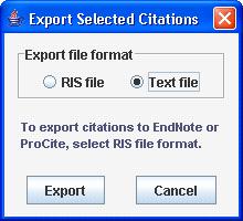 Exporting search results 5-31 Export the citations as a text file 4. Click export selected citations on the top menu bar. 5. In the dialog box, click the radio button for Text file.