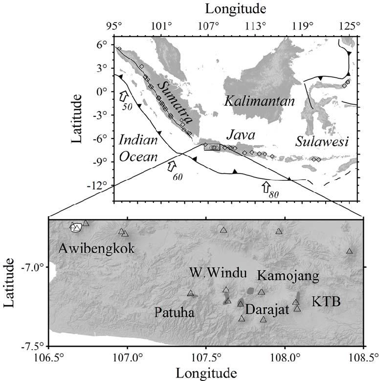Figure 2. Maps showing geothermal fields in Indonesia. Top. Geothermal fields (diamond symbol) in Sumatra, Java, and Sulawesi that have been studied, drilled, or developed.
