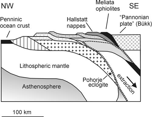 Figure 6. Hypothetical cross section of the Austroalpine orogen at circa 100 Ma. Pohorje eclogites are deeply buried in an intra-austroalpine subduction zone.