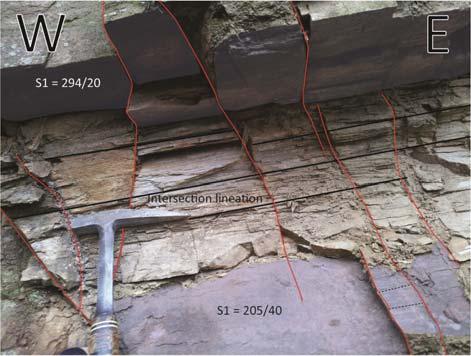 In hand specimen scale it can be observed that the S2 foliation developed as a crenulation foliation to the S1 foliation (figure 24d). a b c d Figure 24: S2 foliations. A) Gneiss, location 108.