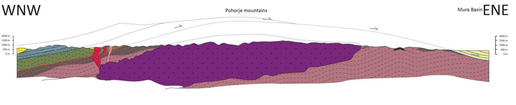 A A ESE B B Figure 51: Profiles A) Profile A is crosscuts the Pohorje mountains from the WNW to the ESE. The elongated and tilted geometry of the Pohorje pluton is shown.