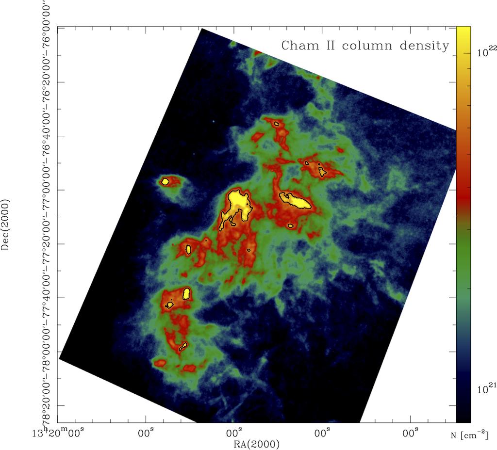 Gravity PDF of column density from Herschel Av ~ 10 power- law tail Av ~ 4 Cham II (with sources)
