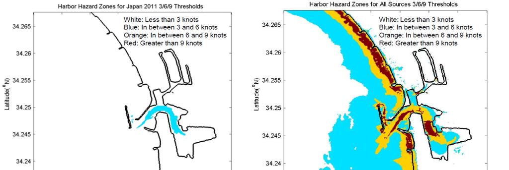 Figure 3. Maps of Ventura Harbor showing four damage categories related to current groups of <3, 3-6, 6-9, and >9 knots (see Fig. 2 for further explanation).
