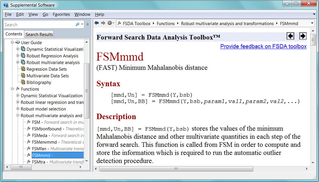 18 The Forward Search for Very Large Datasets Figure 8: HTML documentation of function FSMmmd.