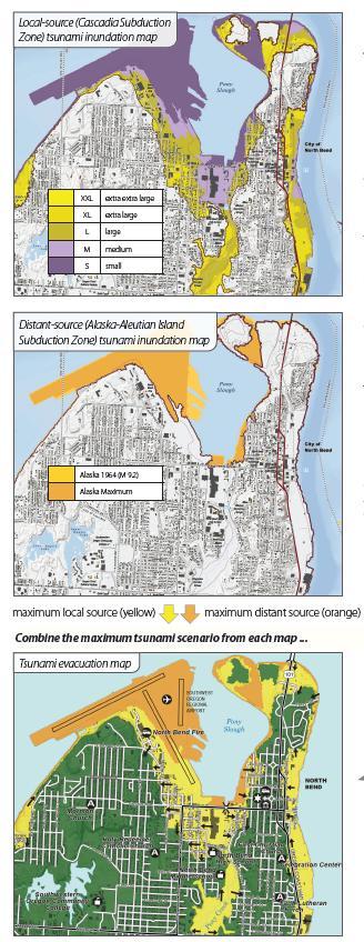 INUNDATION AND EVACUATION MAP PRODUCTS Inundation Maps (TIMs) 7 inundations whole coast 5 Local CSZ Tsunami T-Shirt Scenarios (SM1, M1, L1, XL1, XXL1 splay fault scenarios) MHHW Tide Coseismic