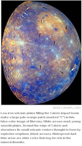 Low-iron volcanic plains filling the Caloris impact basin make a large pale orange patch (marked C ) in this false-color image of Mercury.