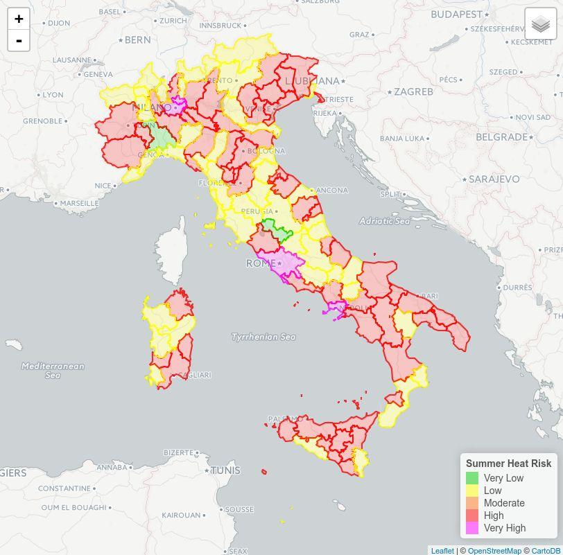 SPATIAL RISK ASSESSMENT Summer heat risk at ADM2 scale in Italy Summer Heat Risk Index WH norm(h) + (1-WH)*(WE*norm(E)+Wv*norm(V)) Summer heat risk class SHRI 1-5 Geographical