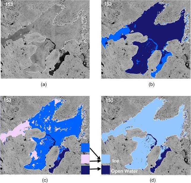 Remote sensing of lake ice Ice concentration (and ice extent) Weekly ice extent and fraction (concentration) SAR image June 2, 1998 Segmentation (3 classes) Segmentation (2 classes) 3 classes are