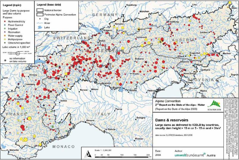 Map 9. Dams and reservoirs in the Alps The map shows the high density of dams and reservoirs used for hydroelectricity production.