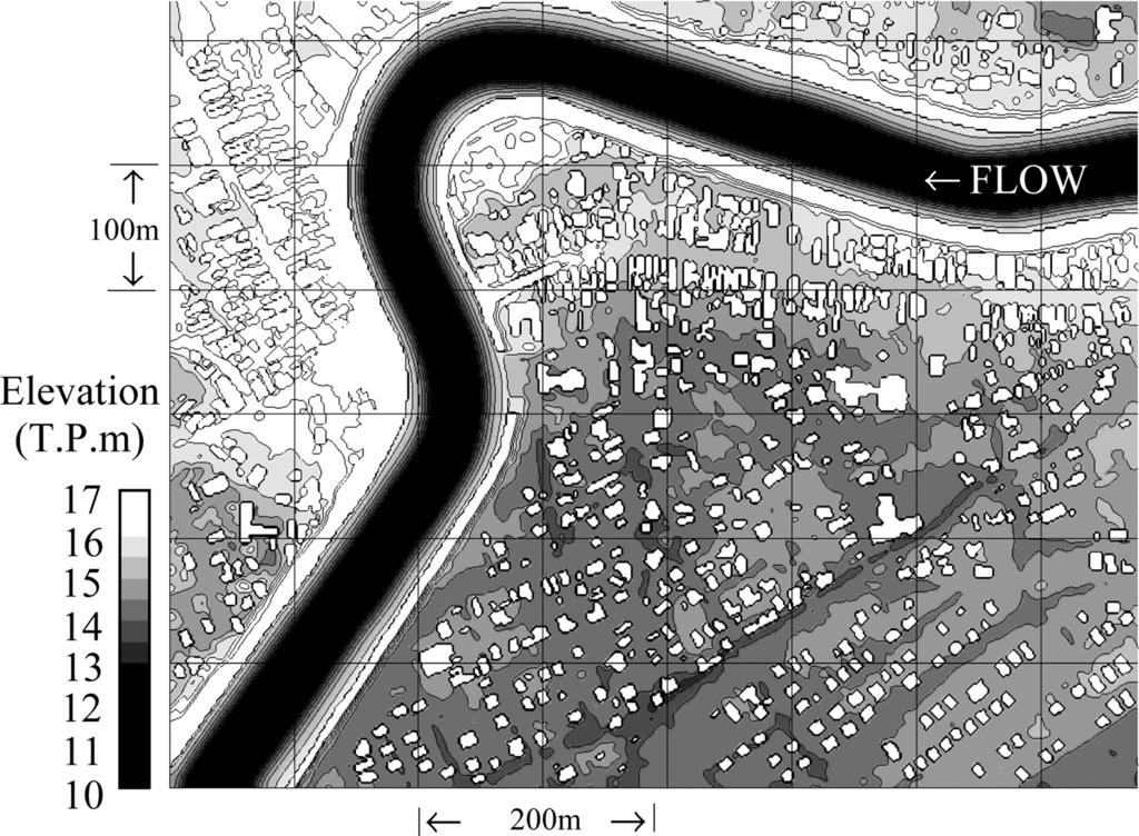 east-west road. Figure 1 shows floodplain elevation after flood disaster, which is taken by laser profiler, sediment deposition showed in Photo 2, and houses location from electronic map.
