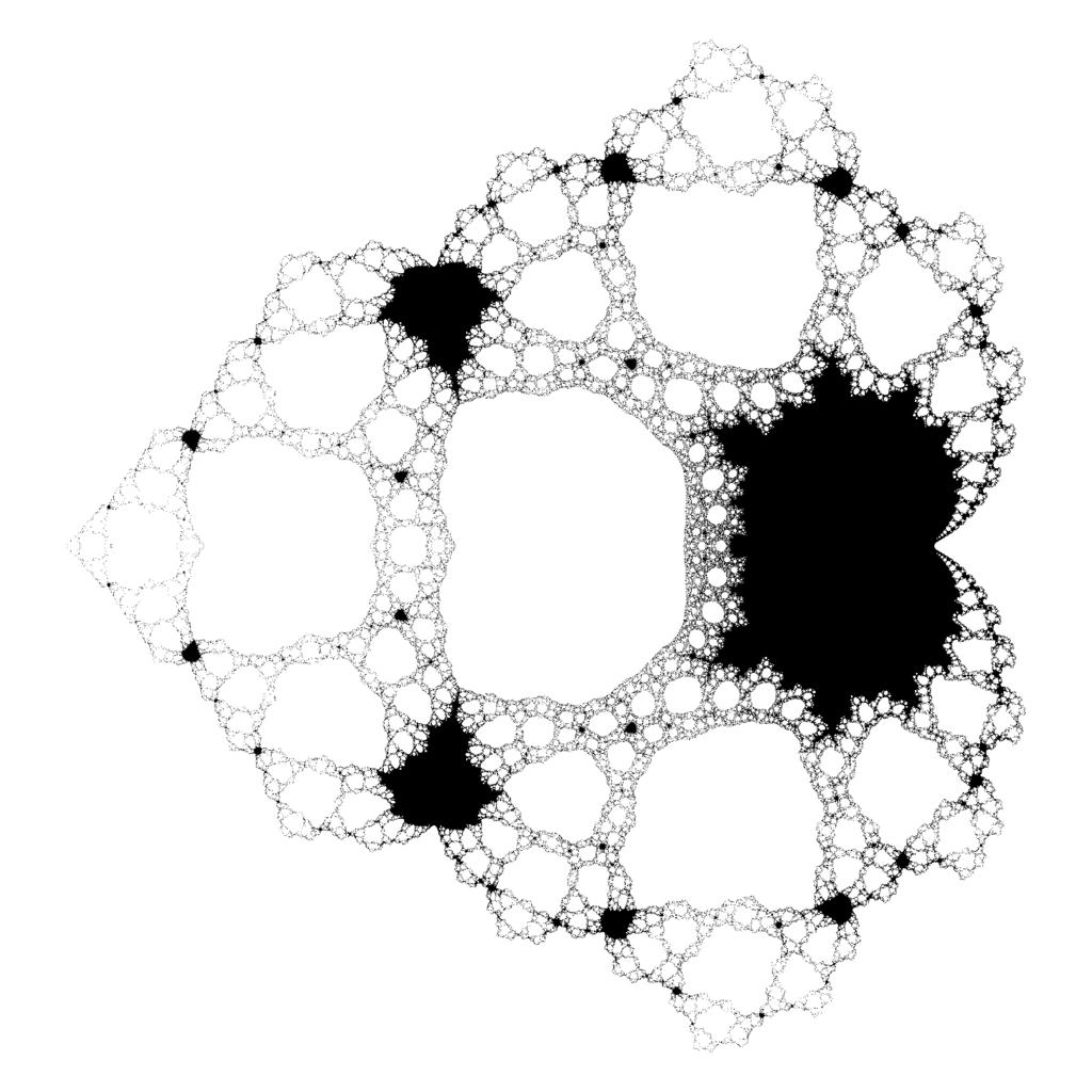 Figure : The locus of connectedness D of the family F. of the small copies of the Mandelbrot set in D (regions in black), then the critical orbit is bounded.