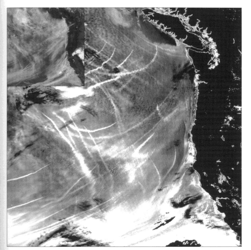 Evidence for the indirect Twomy effect in this satellite image of clouds off the coast of California.