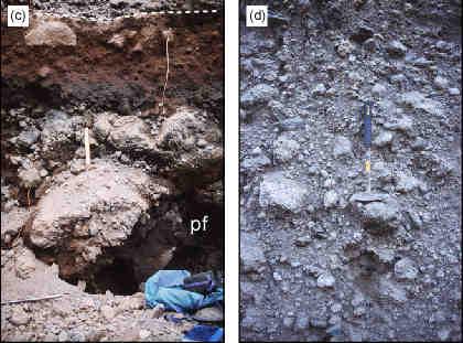 pre-existing dome material in an ash matrix, b) Pyroclastic flow deposits containing characteristic