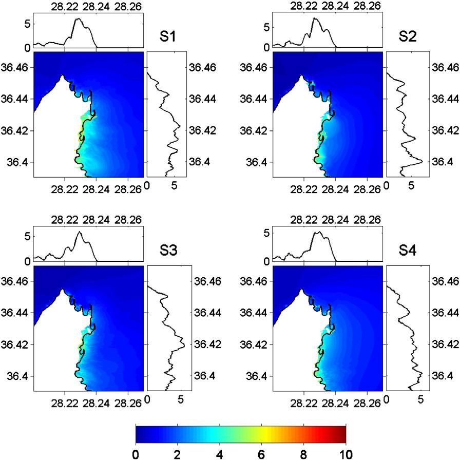 140 D.A. Mitsoudis et al. / Coastal Engineering 60 (2012) 136 148 Fig. 5. Maximum wave elevation η max in meters and elevation of the inundation limits for Scenarios S1-S4, of Table 2. scenarios.