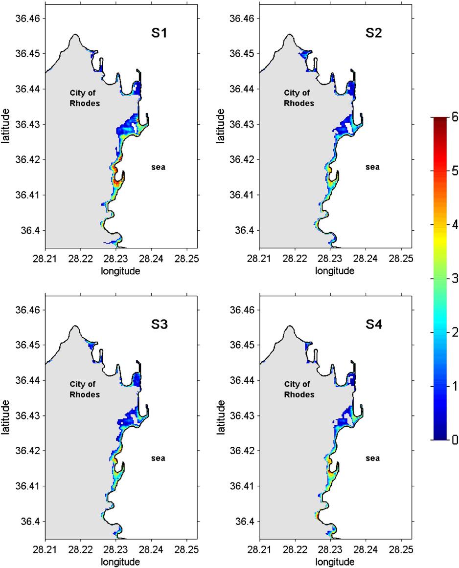 D.A. Mitsoudis et al. / Coastal Engineering 60 (2012) 136 148 141 Fig. 6. Maximum flow depth h max in meters for Scenarios S1-S4, of Table 2. 2008).