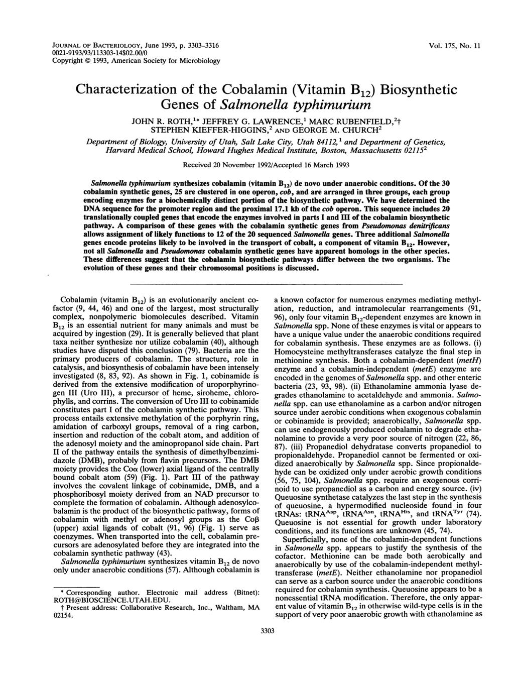 JOURNAL OF BACTERIOLOGY, June 1993, p. 3303-3316 0021-9193/93/113303-14$02.00/0 Copyright 1993, American Society for Microbiology Vol. 175, No.