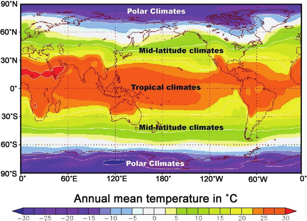 CHAPTER 24: PATTERNS OF CLIMATE 583 FIGURE 24-4. The temperature zones on planet Earth are mostly a function of latitude.