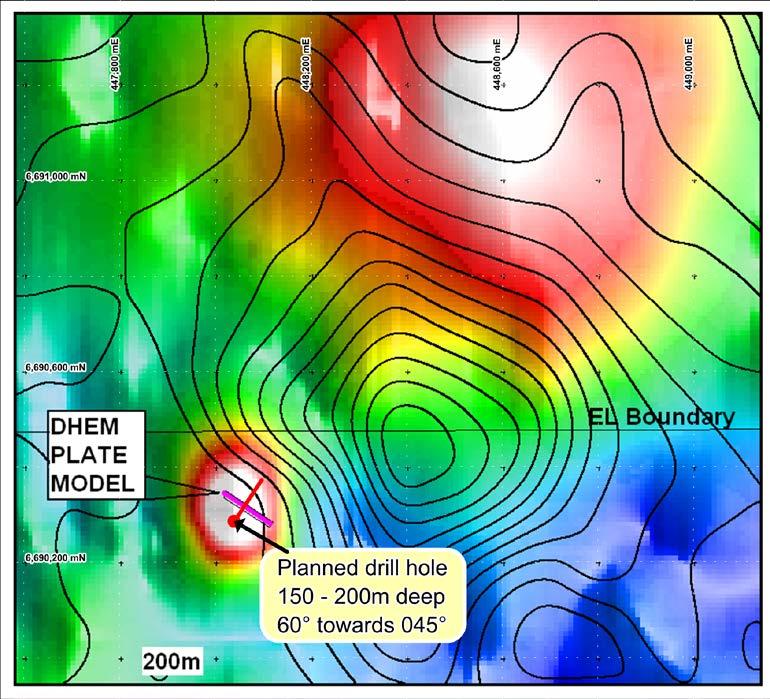 t undi (ON earning 75%) drilling has started on a planned a 150m deep angled hole to test a strong EM conductor confirmed via a down-hole EM survey utilising nearby