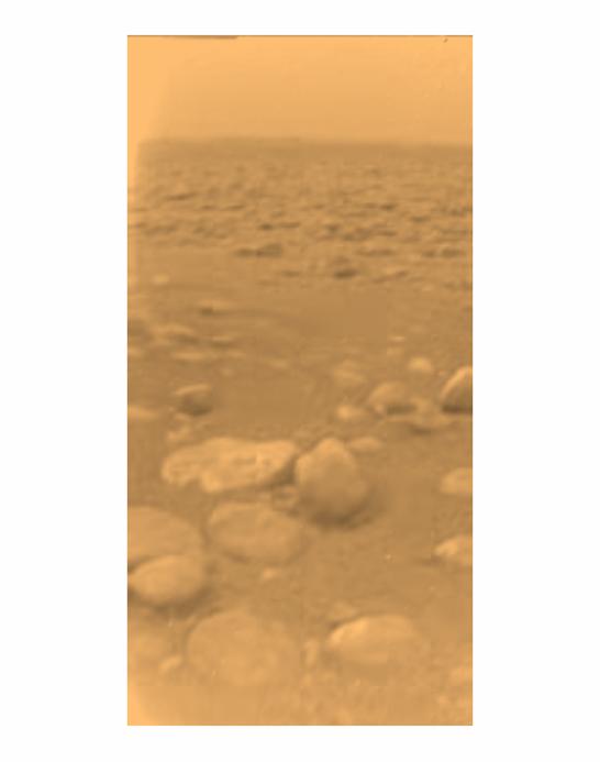 From the surface of Titan First view of surface Rocks of water ice