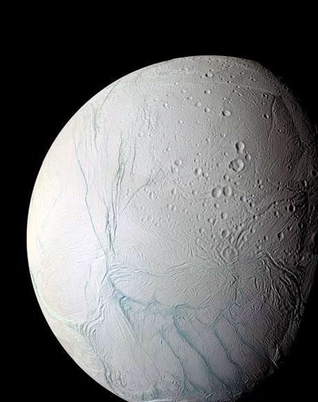 Enceladus Moon of Saturn Very shiny Part of surface old (craters) Part is new, with