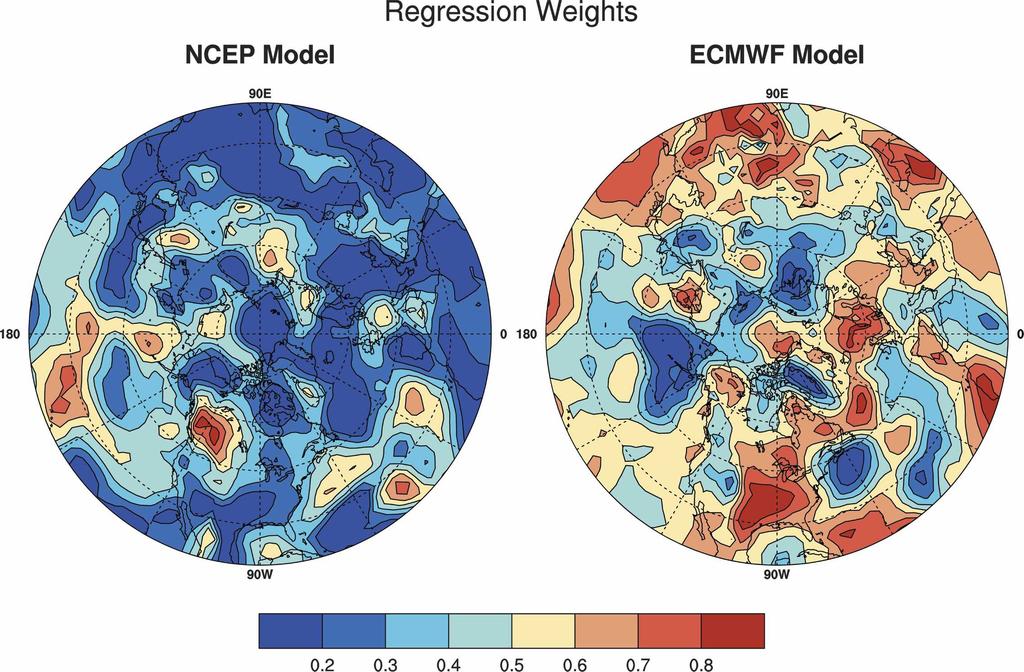 AUGUST 2006 N O T E S A N D C O R R E S P O N D E N C E 2283 FIG. 4. A map of the weights used to combine the ECMWF and NCEP ensemble mean forecasts. These maps correspond to b NCEP and b ECMWF in Eq.