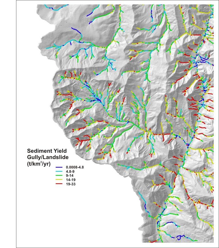 Figure 9. The predicted gully and shallow landslide sediment yield (average), highlighting the Coal Basin.