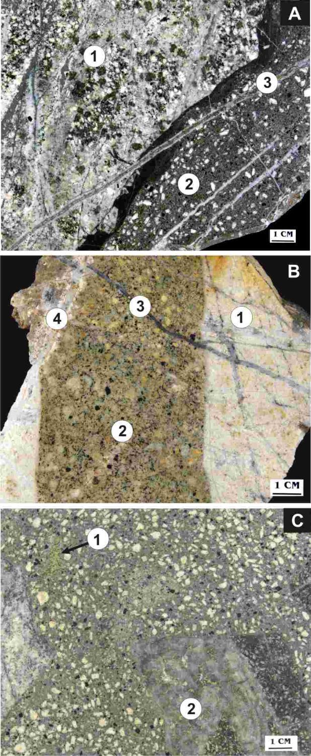 Examples of inter-mineral dykes and breccias associated with porphyry deposits.