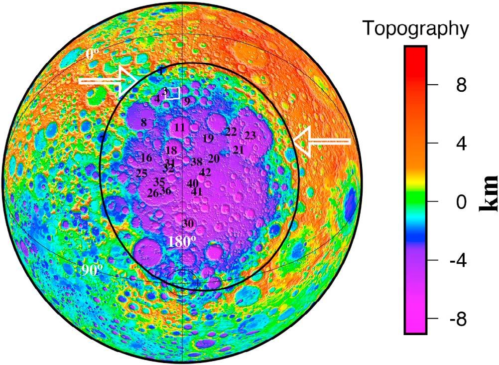 Figure 3. Topographic map of a region centered on South Pole-Aitken basin (SPA). The topographic map is described in Smith et al. [2010].