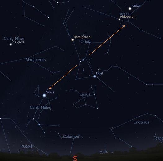 -11- Orion s Belt points the way to Canis Major and the bright star Sirius Because it lies low in the sky as seen from the northern hemisphere, Sirius often twinkles aggressively.