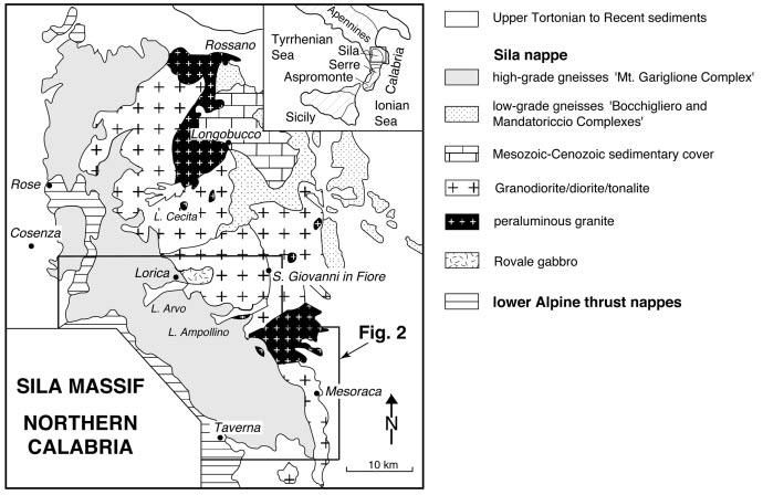 GRAESSNER AND SCHENK HERCYNIAN DEEP CRUSTAL SECTION, N CALABRIA Fig. 1. Simplified geological map of the Sila massif in northern Calabria [modified from Ayuso et al. (1994)]. Box shows area of Fig. 2.