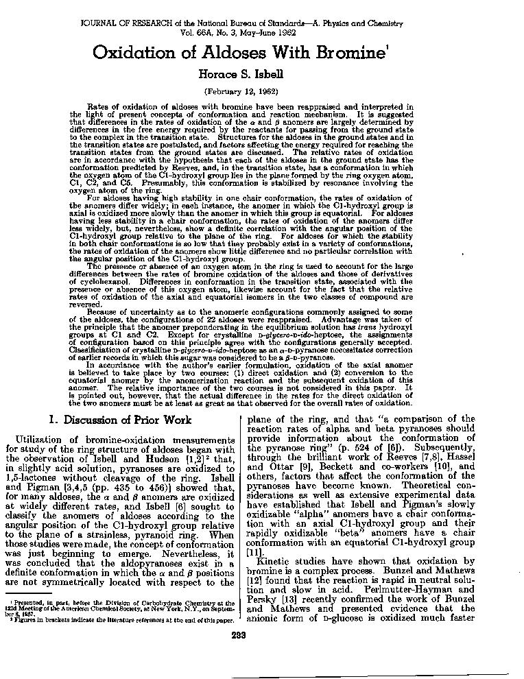 JOURNAL OF RESEARCH of the National Bureau of Standards Vol. 66A, No. 3, May-June 1962 -A. Physics and Chemistry Oxidation of Aldoses With Bromine 1 Horace S.
