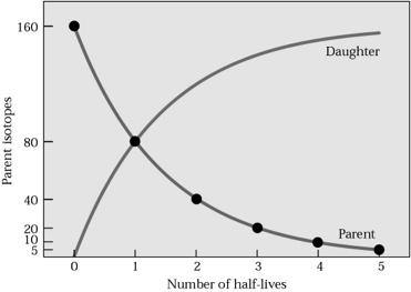 Half-life & Daughter- Parent ratio As time proceeds, number of Daughters grow, parents diminish. Thus the ratio of parents to daughters (D/P) is a function of time!
