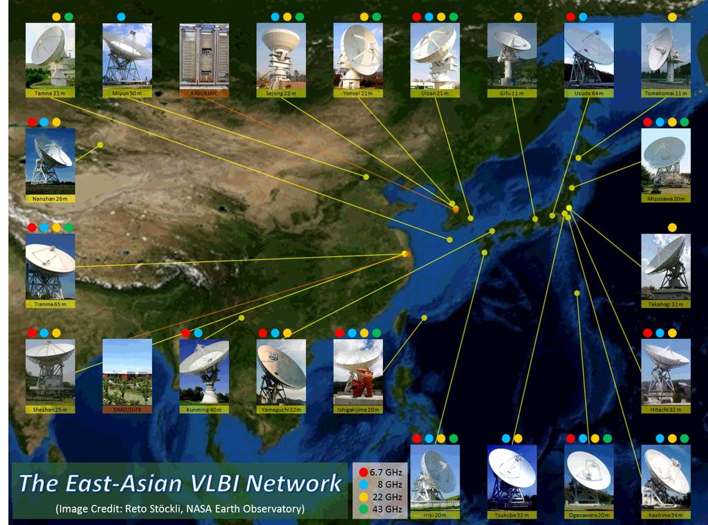 The East-Asian VLBI Network 3 Table 2. Specifications of EAVN. Number of (potential) telescopes 21 Frequency coverage 6.7 GHz (12 stations), 8 GHz (16), 22 GHz (17), 43 GHz (9) Angular resolution 1.