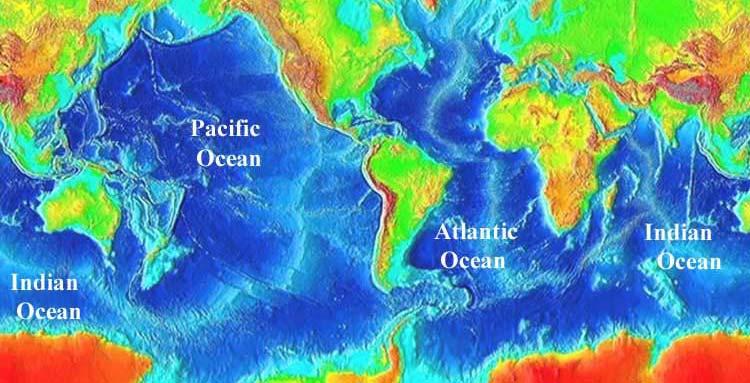 Seafloor Features he three major ocean basins are the Atlantic, Indian, and Pacific oceans. hese lie over oceanic crust and have an average depth of about 3800 meters.