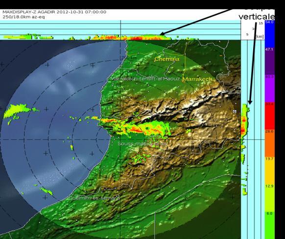 highlight this cloud cluster laying from Agadir to Taroudant with predicted values rainfall quantities reaching the ground exceeding 15mm near Agadir city.