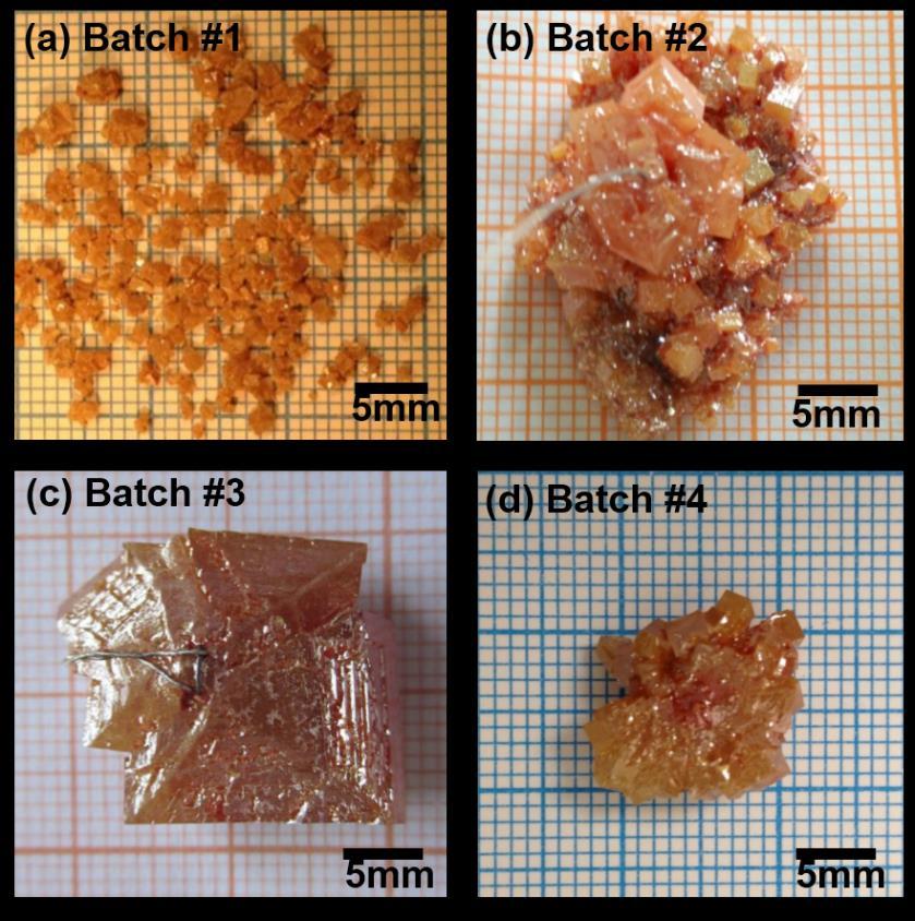 Figure 7.3 BZT-PZ-PT crystals grown from the four batches: (a) Batch #1, (b) Batch #2, (c) Batch #3 and (d) Batch #4, respectively.