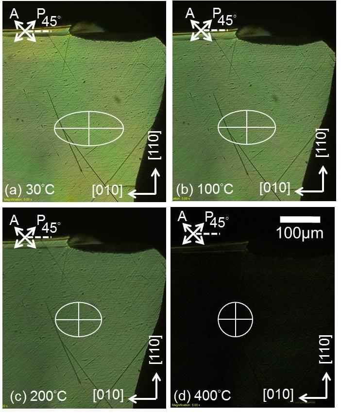 Figure 4.4 PLM images of a (011) cub platelet observed under the same positions (angles) of crossed polarizers upon heating at (a) 30 C, (b) 100 C, (c) 200 C and (d) 400 C.