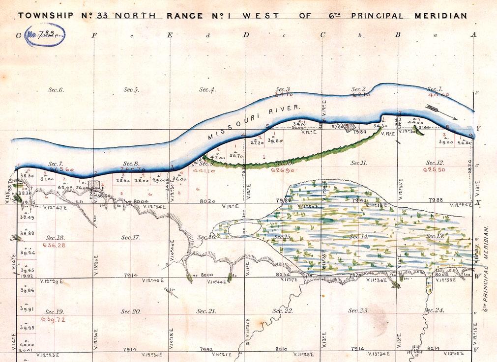Once a swampy low area subject to river inundation, the area south of the river is now prime agricultural land. The 6th Principal Meridian is at right. (GLO Plat of 1857).