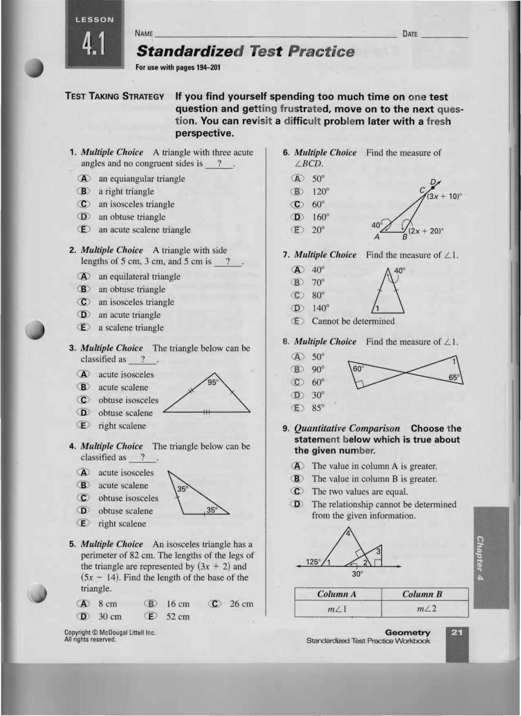 LSSON i ~ Standardized (, NM DT Test Practice For use with pages 194--201 f you find yourself spending too much time on one test question and getting frustrated, mo~e on to the next question.