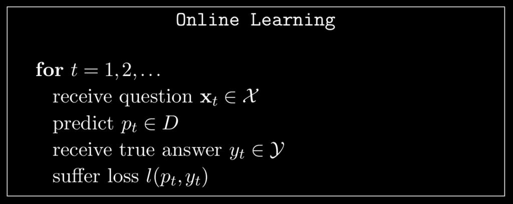 Online versus batch learning In the online setting we measure regret, i.e. the total cumulative loss No assumptions at all about the order of the data points!