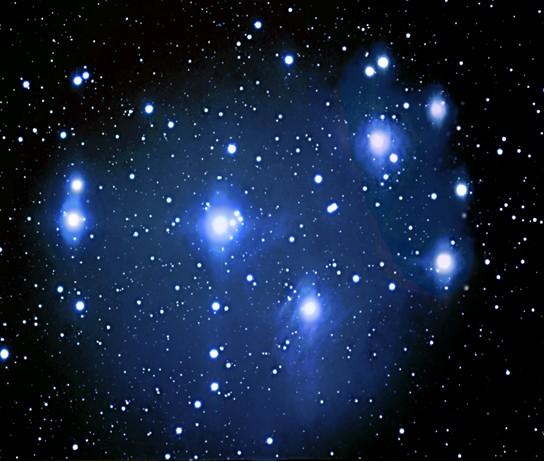 Reflection Nebula : An area of the gas cloud which shines due to reflected starlight Picture credit : Ted Wolfe The Pleiades Star Cluster (M45) showing the blue reflection nebula Newly formed stars