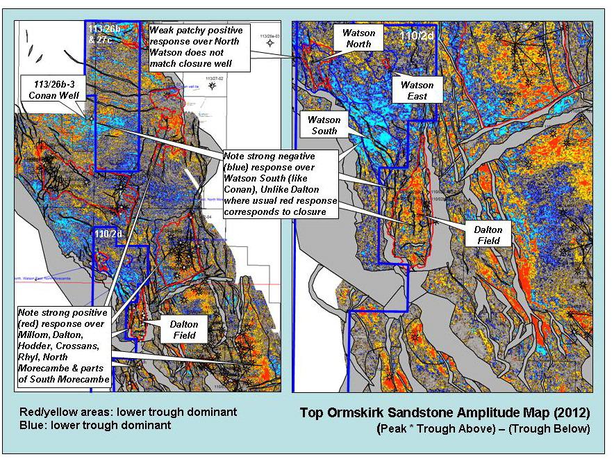 Amplitude mapping of the Conan Prospect prior to drilling had utilized a window above and below the top Ormskirk Sandstone Formation that was unable to differentiate between internal fluid and