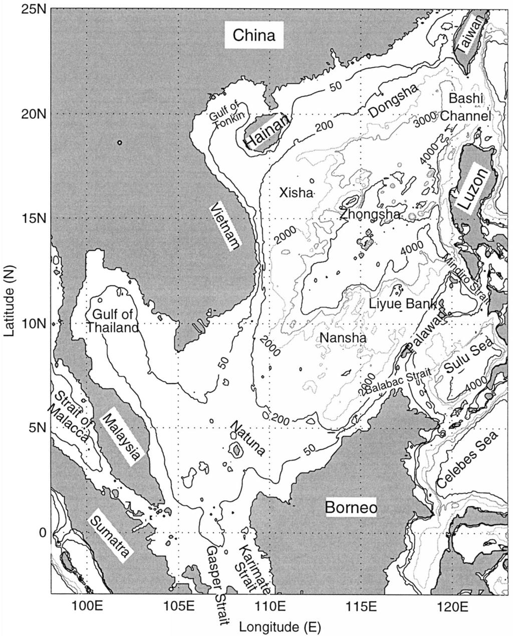 1522 JOURNAL OF ATMOSPHERIC AND OCEANIC TECHNOLOGY VOLUME 18 FIG. 1. Geography and isobaths showing the bottom topography of the South China Sea. Numbers show the depth (m). Chu et al.